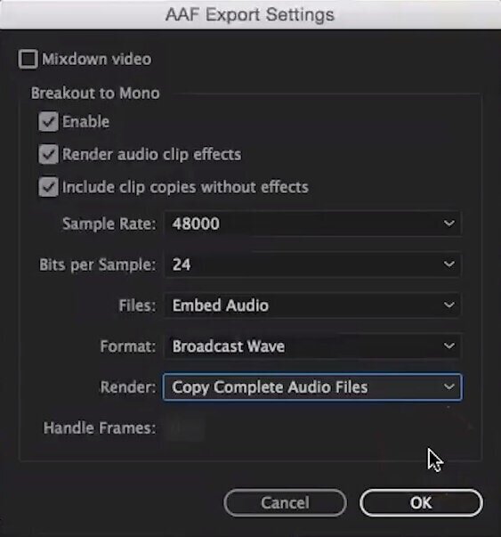 AAF Exportfenster in der Videoschnittsoftware Adobe Premiere